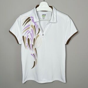 Izod White Polo with Purple and Tan Design